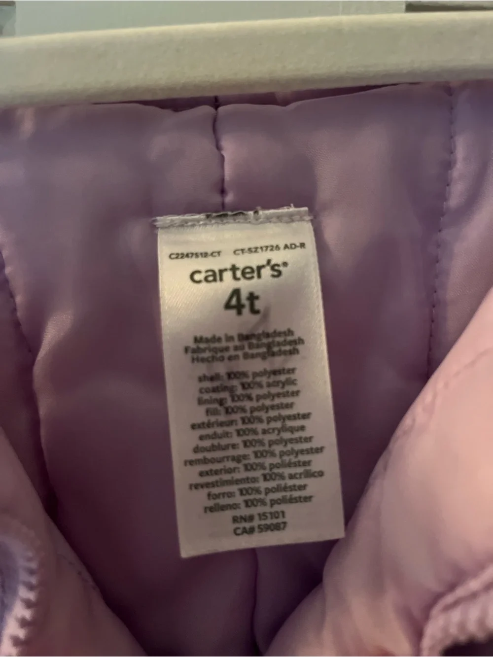 Carter’s Girls' Lavender Snow Bib Pants - 4t Snowsuit